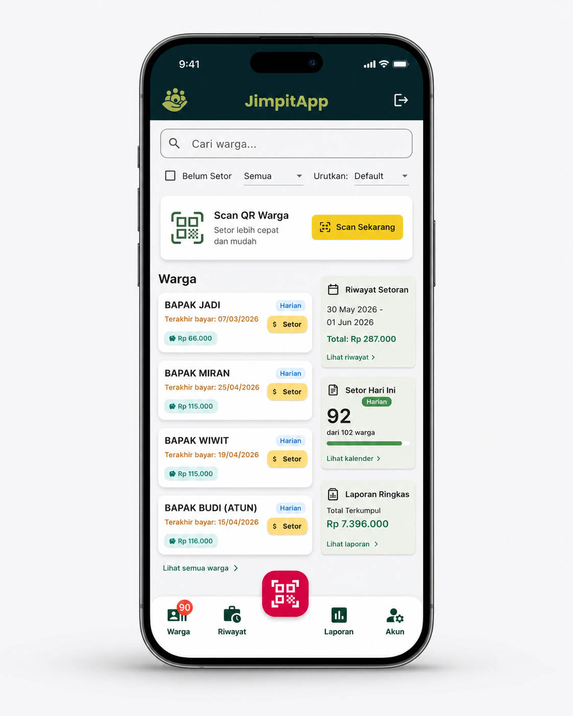 Tampilan JimpitApp untuk Scan QR, pencatatan pembayaran, dan laporan iuran warga
